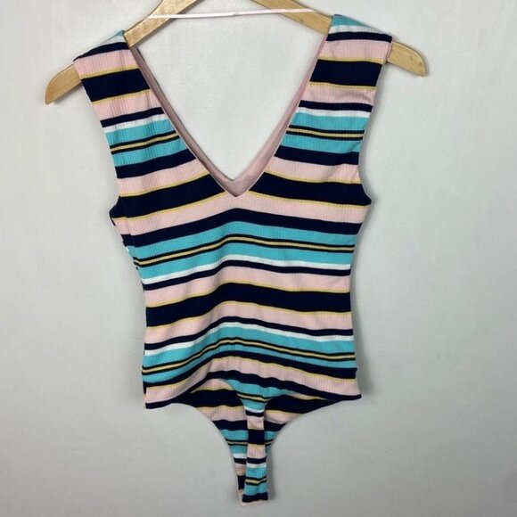 NEW Nordstrom AFRM Striped Bodysuit Double V Mooni Light‎ Pastel Pink Blue NWOT - Picture 12 of 16
